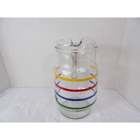 Retro Pitcher Anchor Hocking Fiesta  Glass Ice Lip Primary Rainbow Stripe 72 Oz - Picture 4 of 12